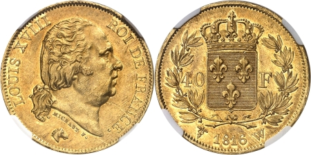 France. Louis XVIII (1814-1824). 40 francs or - 1816 W Lille.