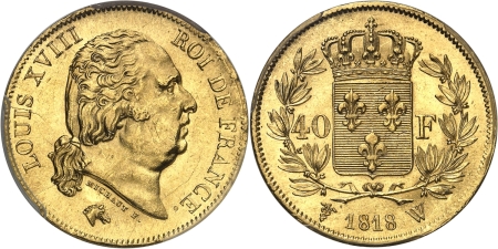 France. Louis XVIII (1814-1824). 40 francs or - 1818 W Lille.