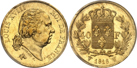 France. Louis XVIII (1814-1824). 40 francs or - 1818 W Lille.