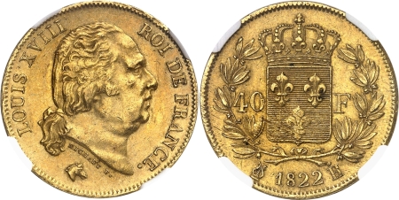 France. Louis XVIII (1814-1824). 40 francs or - 1822 H La Rochelle.