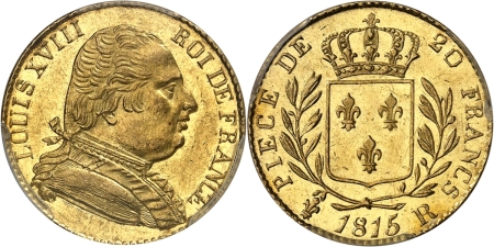 France. Louis XVIII (1814-1824). 20 francs or - 1815 R Londres.
