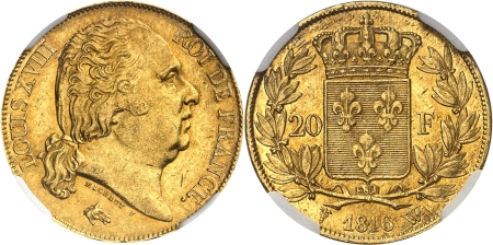 France. Louis XVIII (1814-1824). 20 francs or - 1816 W Lille.