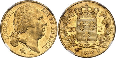 France. Louis XVIII (1814-1824). 20 francs or - 1823 W Lille.