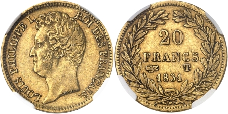 France. Louis-Philippe Ier (1830-1848). 20 francs or - 1831 T Nantes - Tranche en relief.