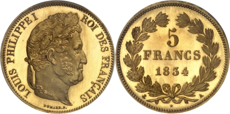 France. Louis-Philippe Ier (1830-1848). Epreuve sur flan bruni en or du 5 francs argent - 1834 A Paris.
