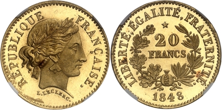 France. IIème République (1848-1852). Epreuve sur flan bruni de la 20 francs or du concours de 1848 - Leclerc.