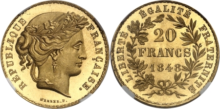 France. IIème République (1848-1852). Epreuve sur flan bruni de la 20 francs or du concours de 1848 - Marrel.