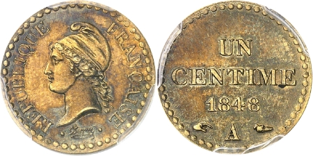 France. IIe République (1848-1852). Essai en laiton du centime - 1848 A Paris.