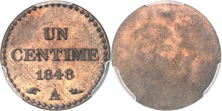 France. IIème République (1848-1852). Essai uniface du revers du centime - 1848 A Paris.