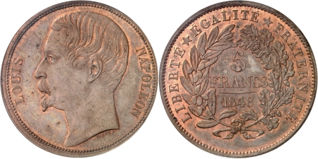 France. IIème République (1848-1852). Double piéfort en bronze du 5 francs (1852) Louis Napoléon Bonaparte, revers du concours - 1848 A.