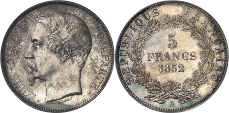 France. IIème République (1848-1852). Epreuve en argent tranche lisse du 5 francs « type I » 1852 A Paris - Barre.