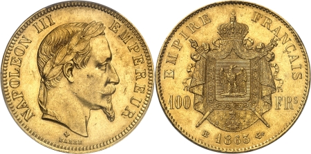 France. Napoléon III (1852-1870). 100 francs or - 1863 BB Strasbourg.