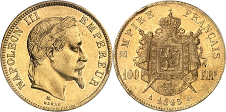 France. Napoléon III (1852-1870) 100 francs or - 1865 A Paris.