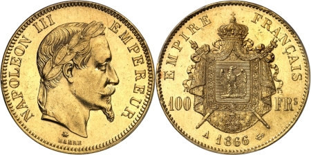 France. Napoléon III (1852-1870) 100 francs or - 1866 A Paris.