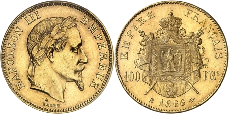France. Napoléon III (1852-1870). 100 francs or - 1866 BB Strasbourg.