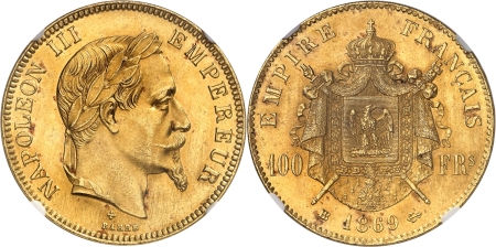 France. Napoléon III (1852-1870). 100 francs or - 1869 BB Strasbourg.