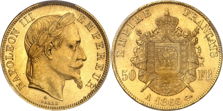 France. Napoléon III (1852-1870) 50 francs or - 1866 A Paris.
