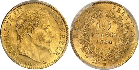 France. Napoléon III (1852-1870). 10 francs or - 1864 BB Strasbourg - Petit BB.