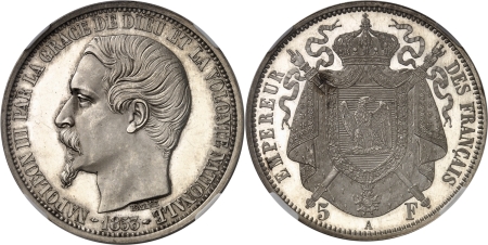 France. Napoléon III (1852-1870). Epreuve sur flan bruni du 5 francs en argent 1853 A Paris - Barre.