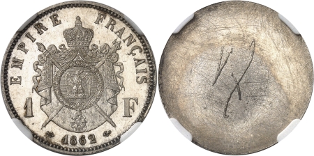 France. Napoléon III (1852-1870). Epreuve uniface en argent sur flan bruni du revers du franc - 1862 (Paris).
