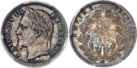 France. Napoléon III (1852-1870). Essai-piéfort hybride du 50 centimes - 1861 E - Barre.