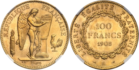 France. IIIème République (1871-1940) 100 francs or Génie - 1908 A Paris.