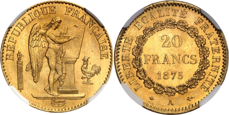 France. IIIème République (1871-1940) 20 francs or Génie - 1875 A Paris.