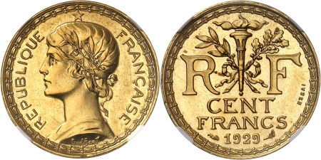 France. IIIe République (1871-1940). Essai en or sur flanc bruni du 100 francs - 1929 - Guilbert.