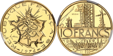 France. Vème République (1959 à nos jours). Essai en or sur flan bruni du 10 francs Mathieu.