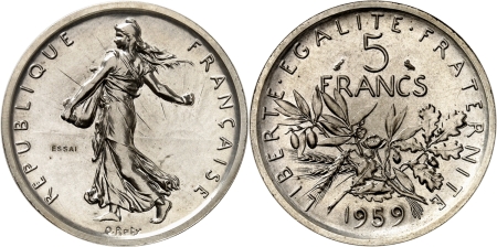 France. Vème République (1959 à nos jours). Piéfort en argent du 5 francs semeuse - 1959.