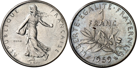 France. Vème République (1959 à nos jours). Essai « haut relief » de la 1 franc Semeuse - 1959.