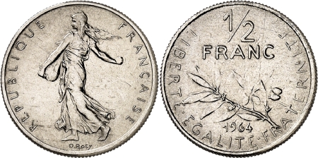 France. Vème République (1959 à nos jours). Pré-série du 1/2 franc Semeuse petit module - 1964.