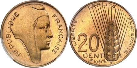France. Vème République (1959 à nos jours). Pré-série en cupro-aluminium-nickel du 20 centimes du concours de 1961 - Coeffin.