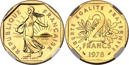 France. Vème République (1959 à nos jours). Essai en or sur flan bruni du 2 francs Semeuse - 1978.