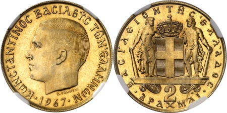 Grèce. Constantin II (1964-1967). Epreuve en or du 2 drachmes cupronickel - 1967.