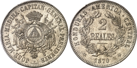 Honduras. République (1839 à nos jours). Epreuve en cupro-nickel du 2 réales - 1870 - C.