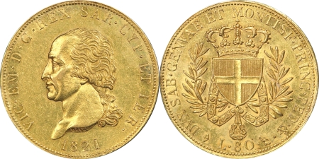 Italie - Sardaigne. Victor-Emmanuel Ier (1814-1821) 80 lires or - 1821 L Turin.