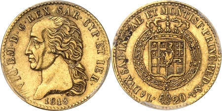 Italie - Sardaigne. Victor-Emmanuel Ier (1814-1821) 20 lires or - 1818 L Turin.