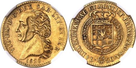 Italie - Sardaigne. Victor-Emmanuel Ier (1814-1821) 20 lires or - 1820 L Turin.