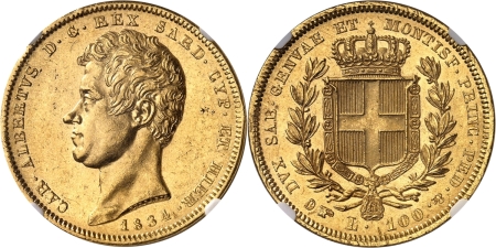 Italie - Sardaigne Charles-Albert (1831-1849) 100 lires or - 1834 P Turin.