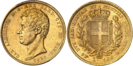 Italie - Sardaigne Charles-Albert (1831-1849) 100 lires or - 1835 P Turin.