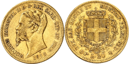 Italie - Sardaigne. Victor-Emmanuel II (1849-1861) 20 lires or - 1858 B Turin.