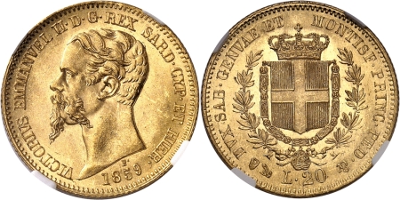 Italie - Sardaigne. Victor-Emmanuel II (1849-1861) 20 lires or - 1859 P Gênes.