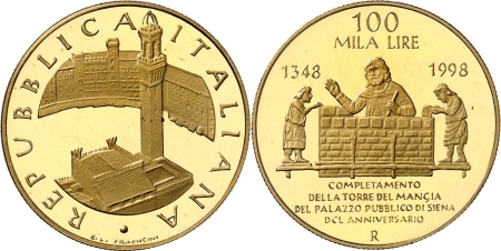 Italie. République italienne (1946 à nos jours). Epreuve sur flan bruni de la 100.000 lires or - 1998. 