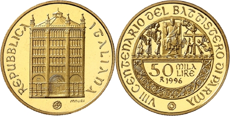 Italie. République italienne (1946 à nos jours). Epreuve sur flan bruni de la 50.000 lires or - 1996.