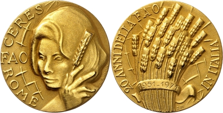 Italie. République (1946 à nos jours). Médaille en or de la FAO (Organisation des Nations Unies pour l’alimentation et l’agriculture) - 1951-1971 - G.