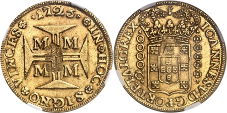 Portugal. Marie II (1834-1853). 30.000 reis or contremarqué sur un 20.000 reis du Brésil - 1725 Minas Gerais.