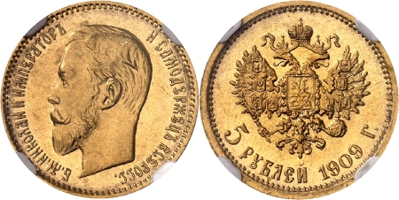 Russie - Nicolas II (1894-1917). 5 roubles or - 1909 ЭБ Saint-Pétersbourg.