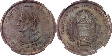 Salvador. République caféière (1876-1931). Epreuve en cuivre sur flan bruni du peso argent 1893 CAM San Salvador.