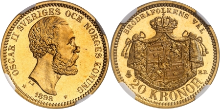 Suède. Oscar II (1872-1907). Epreuve sur flan bruni de la 20 couronnes or - 1898 Stockholm.